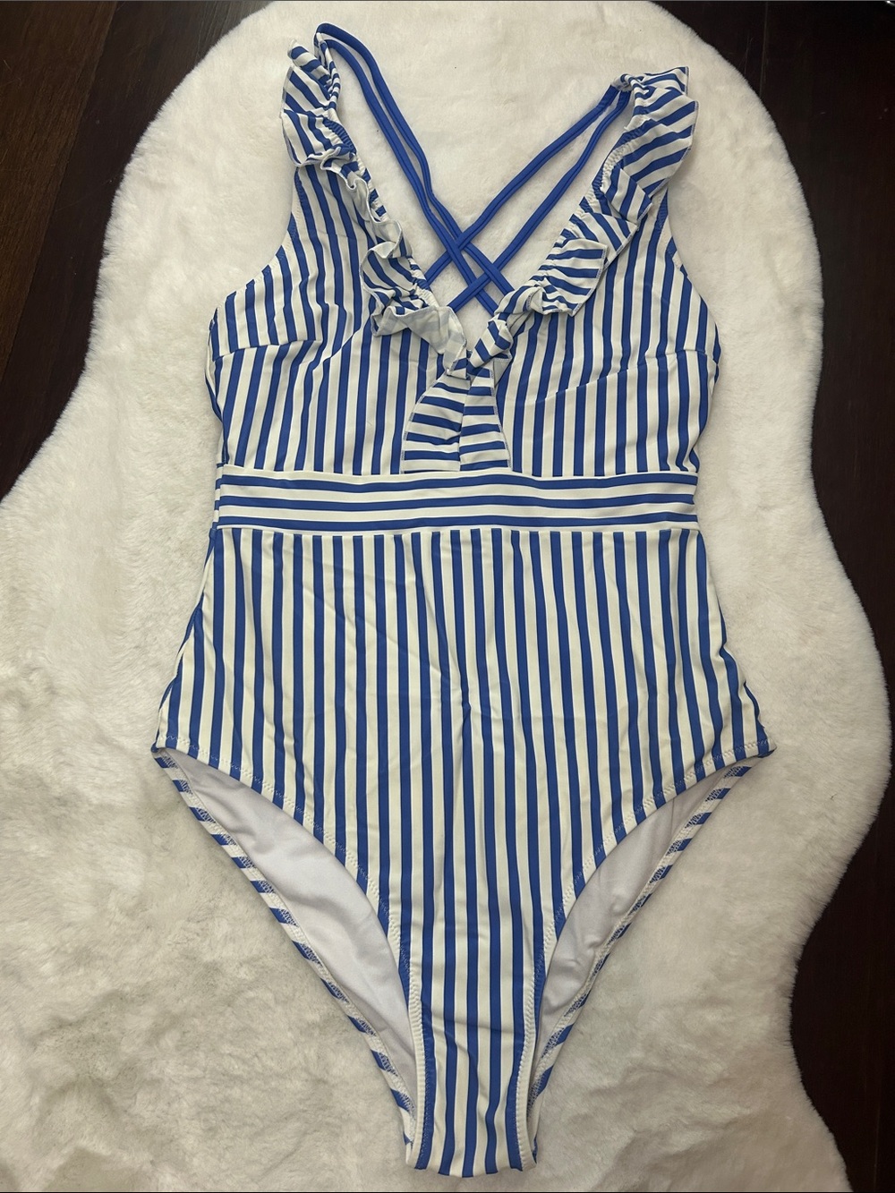 Cupshe Blue and White Striped Ruffle Cross-Back Kids One-Piece